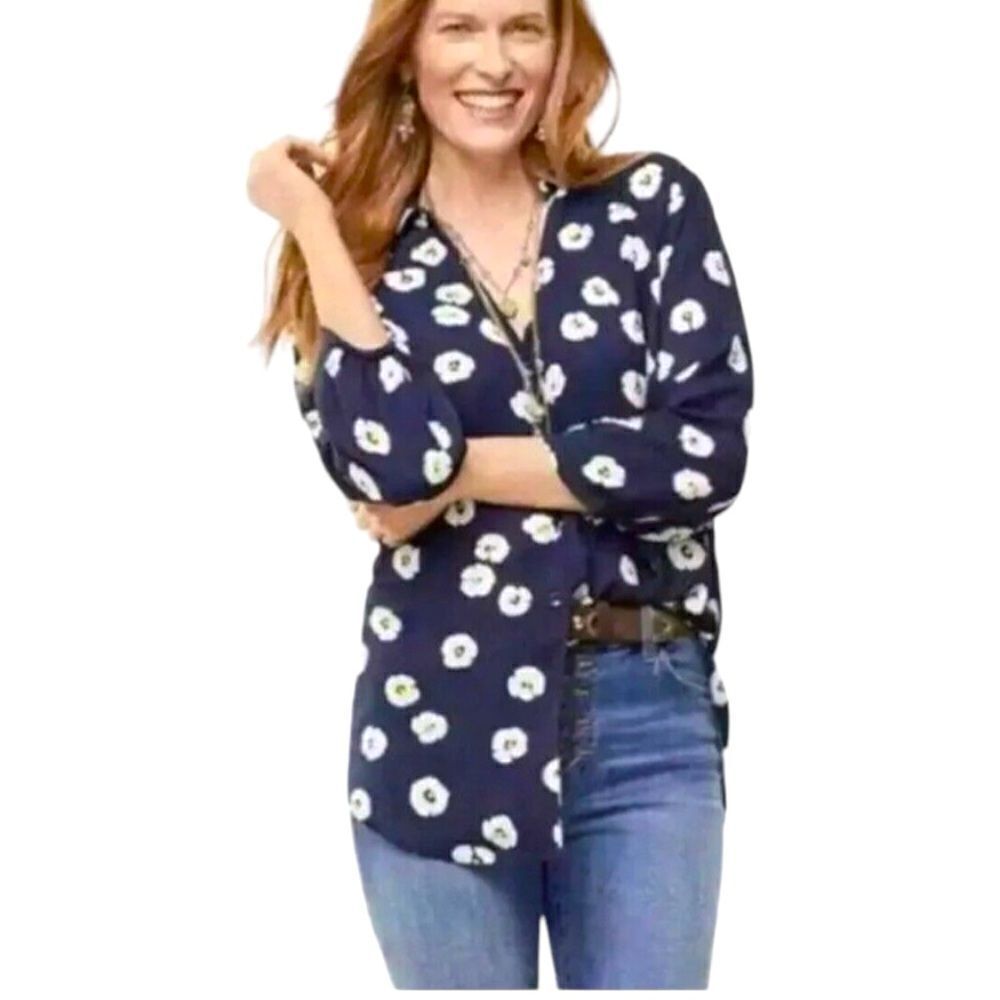 Sz XS Cabi Button Up Blouse Navy White Floral 3/4 Sleeve